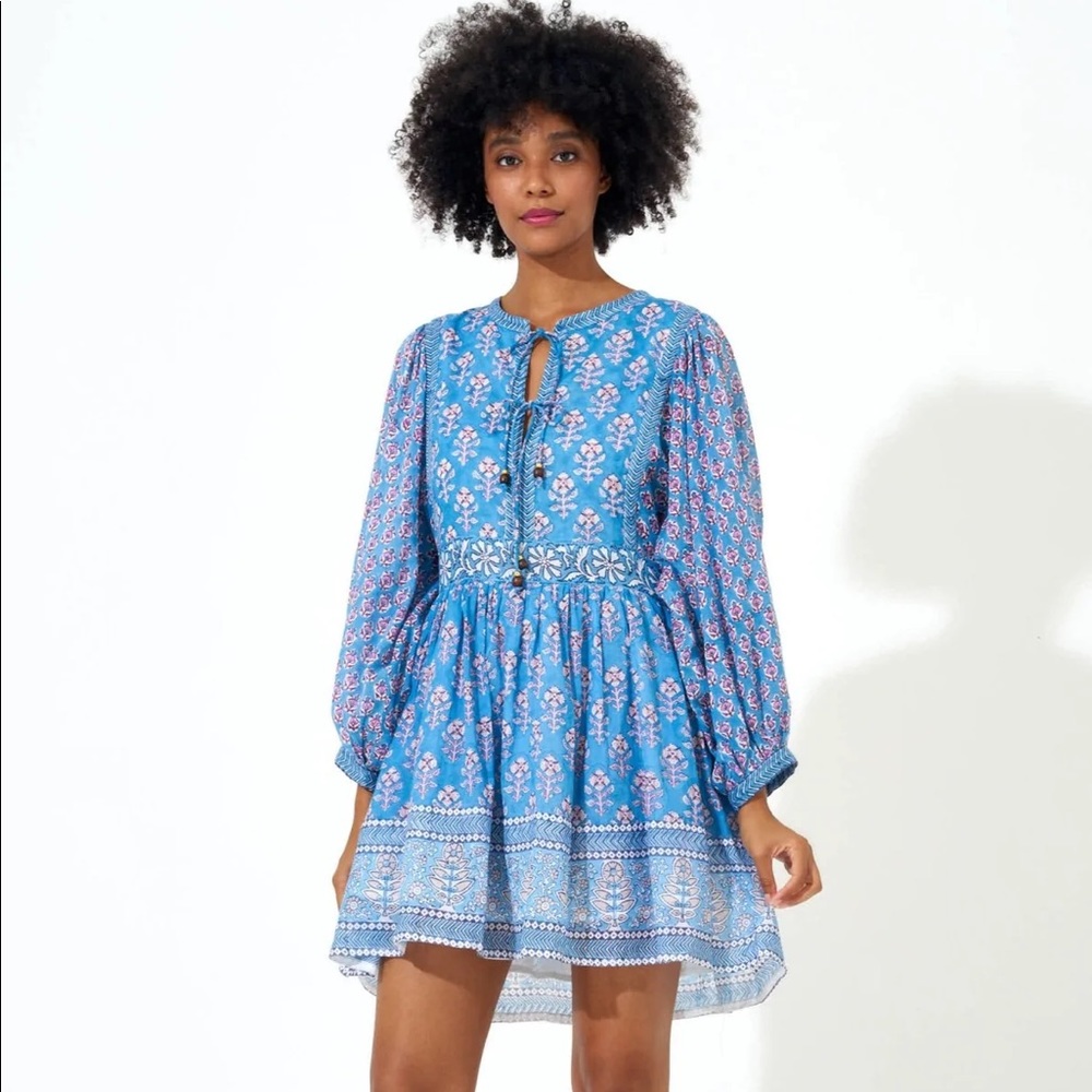 NWT Oliphant Tie-Front Balloon Sleeve Dress Large - Antibes Blue Tuckernuck
